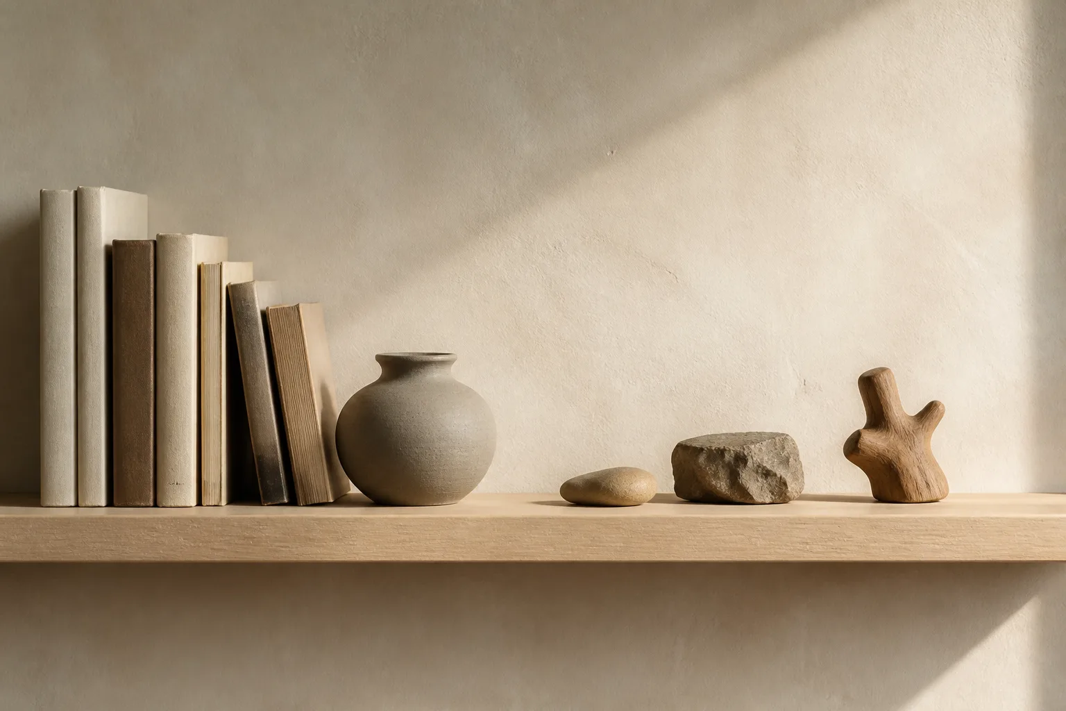 A balanced shelf composition with natural objects and open space.