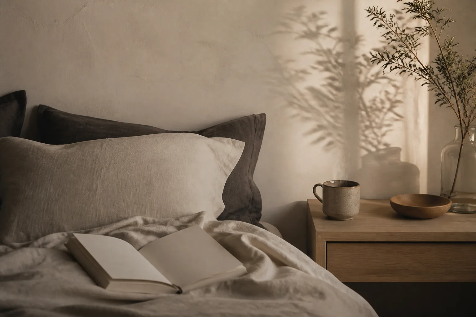 Natural linen, an open book and a warm drink in a calm evening interior.