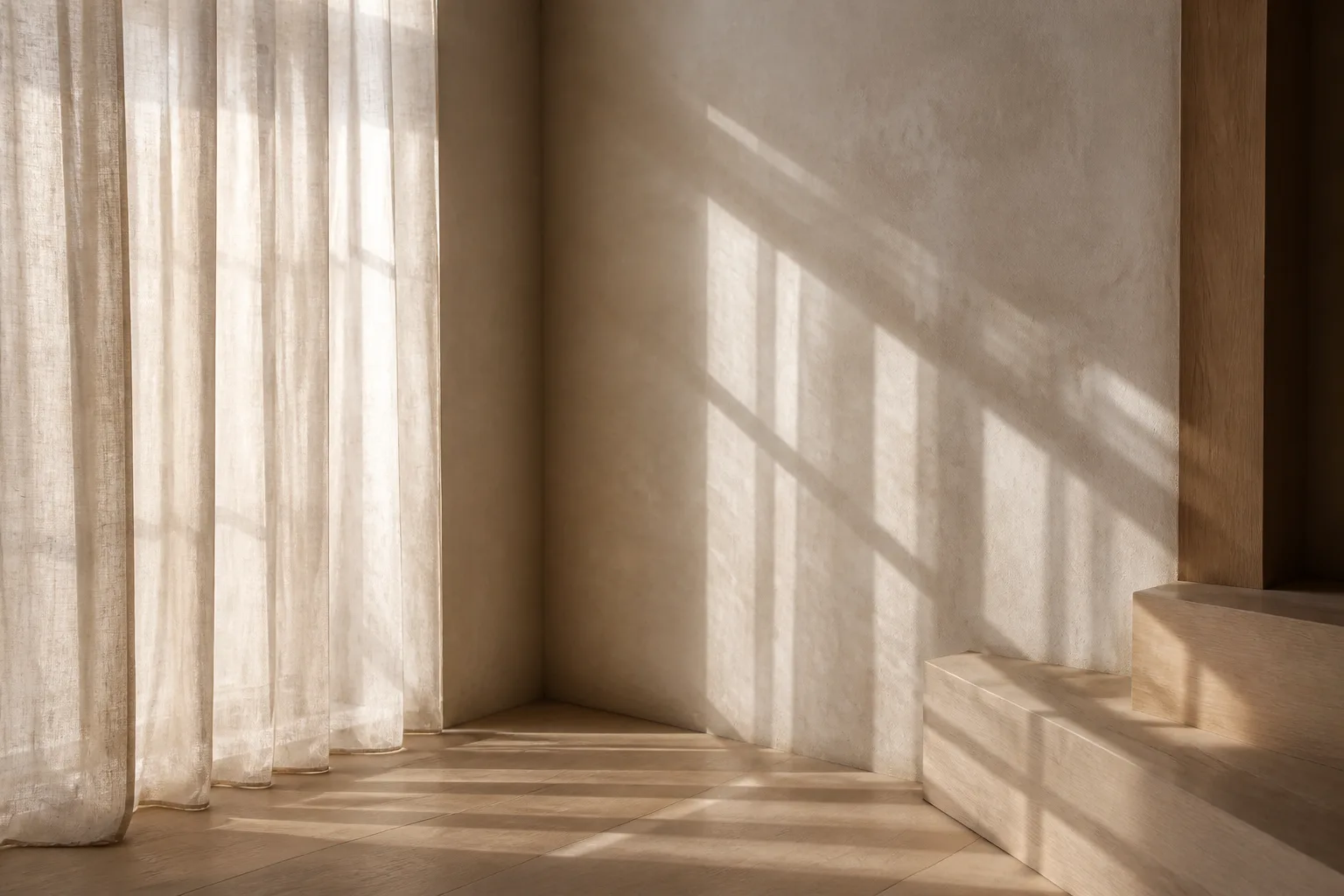 Soft daylight moving through linen curtains across pale oak and warm plaster.