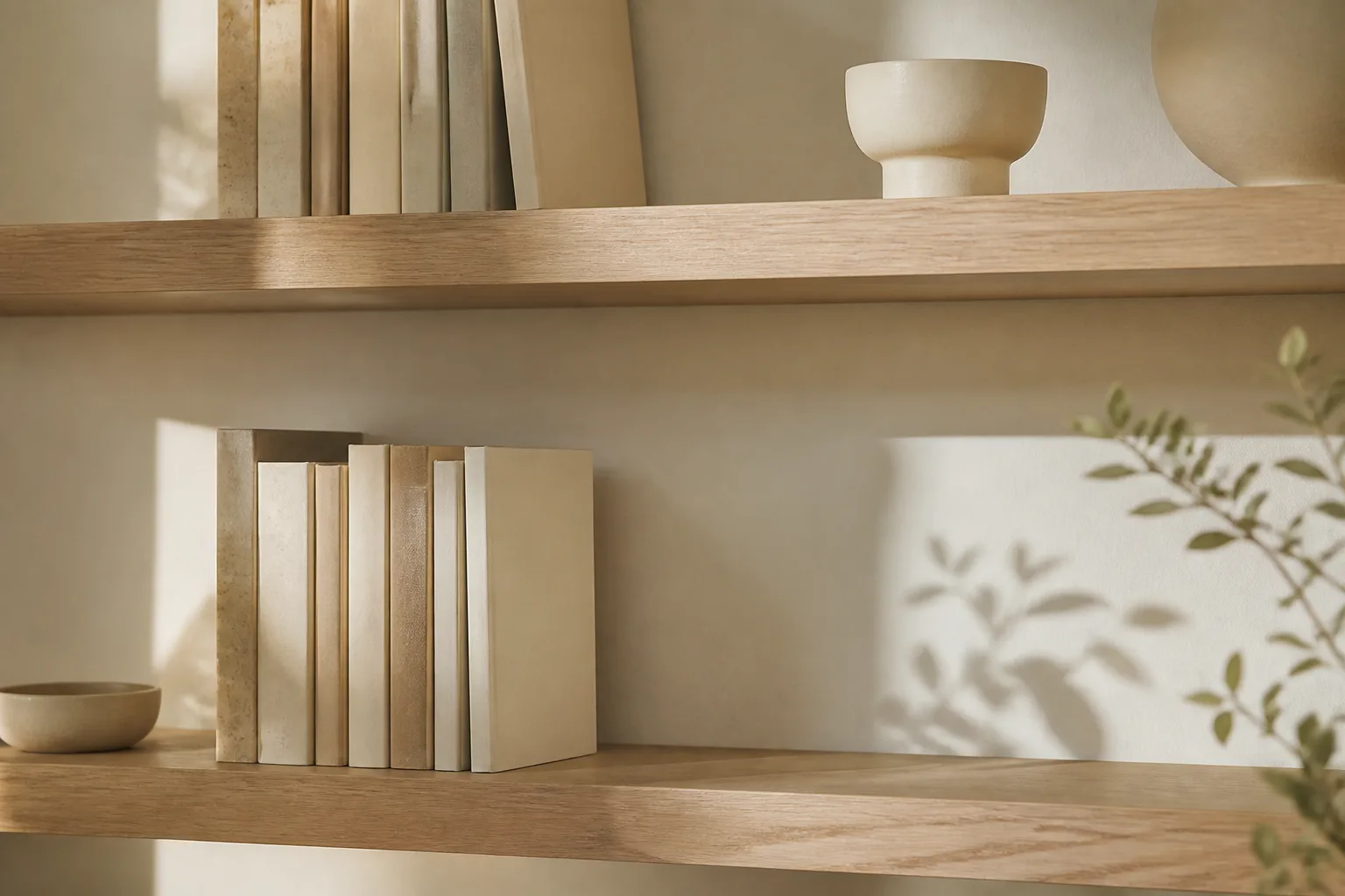 Pale oak shelves arranged with open space, neutral books and a soft botanical shadow.
