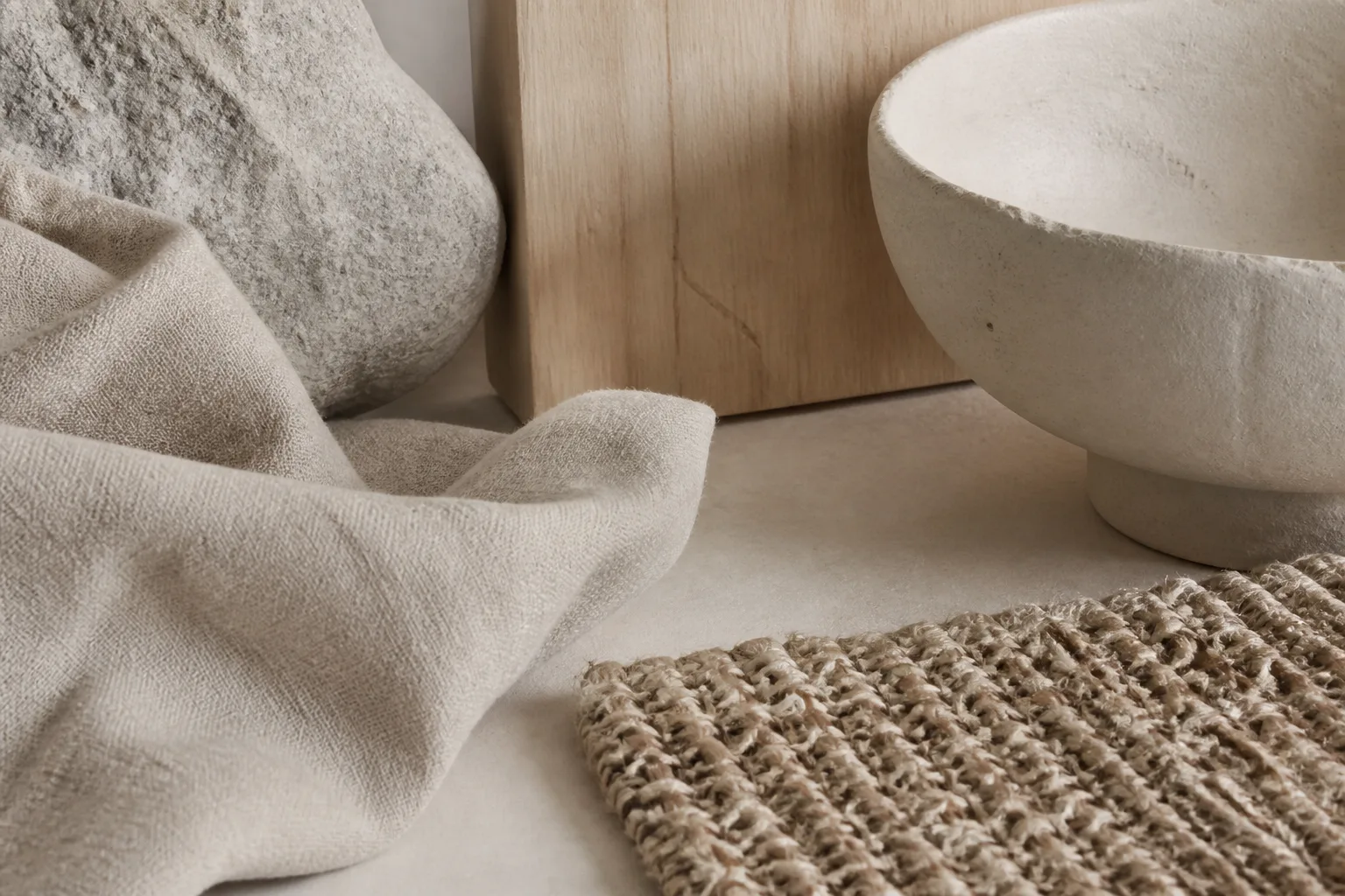 A restrained study of linen, timber, ceramic, woven fibre and stone.