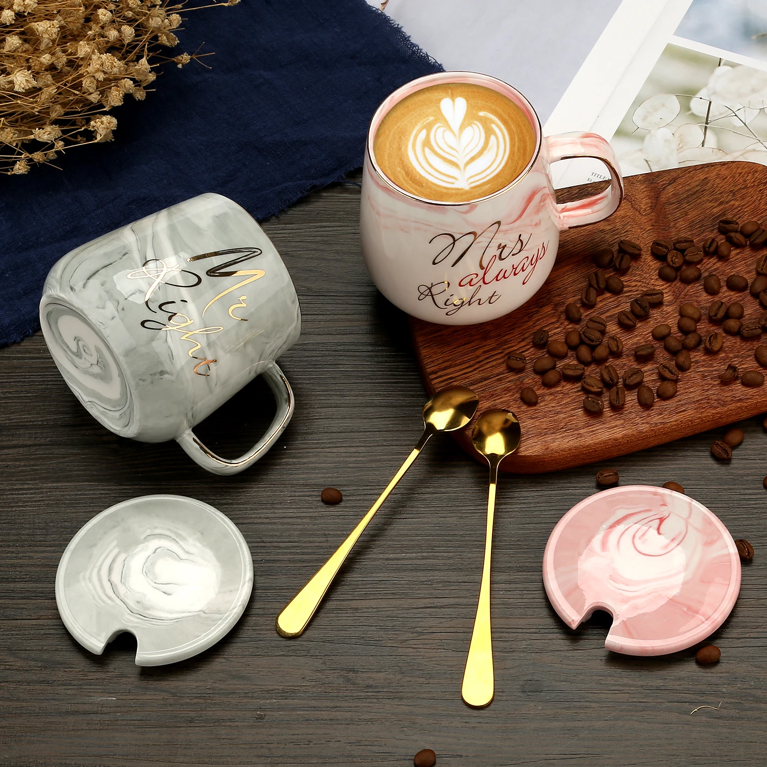 Pink Marble Ceramic Couple Mug Set - Image 6