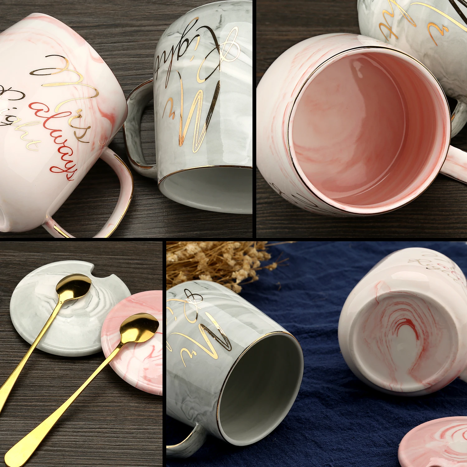 Pink Marble Ceramic Couple Mug Set - Image 4